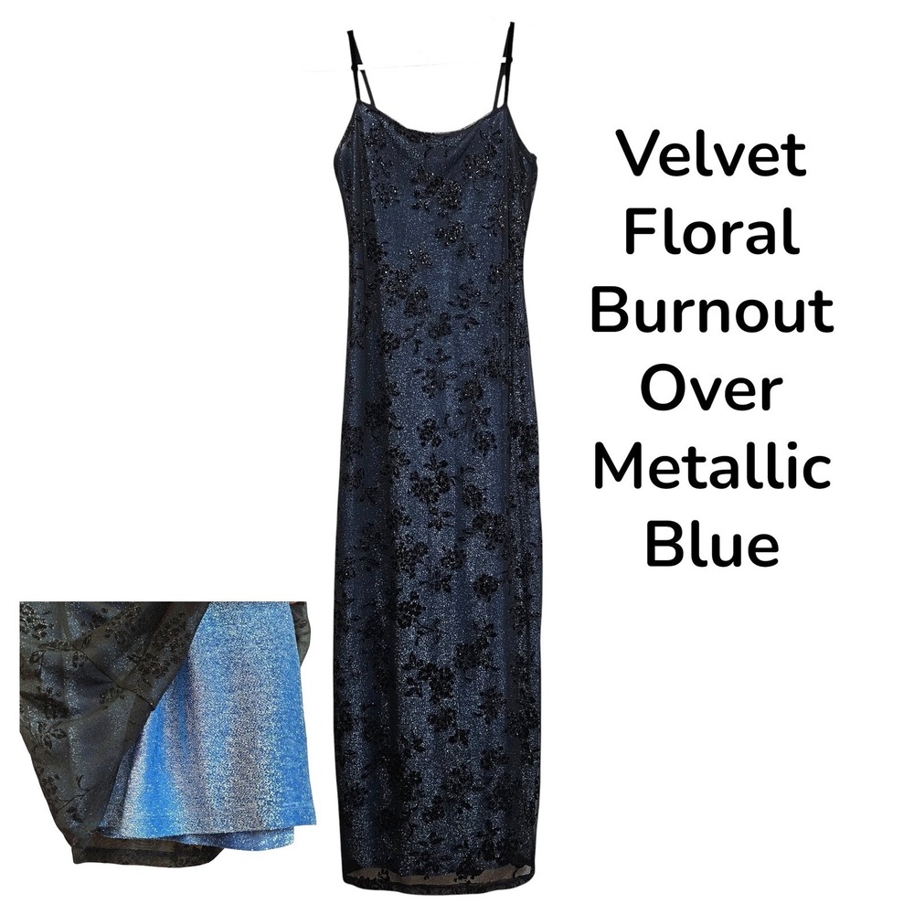 Byer Too Blue Velvet Floral Burnout Metallic Maxi Dress M 90s Y2K Whimsigoth